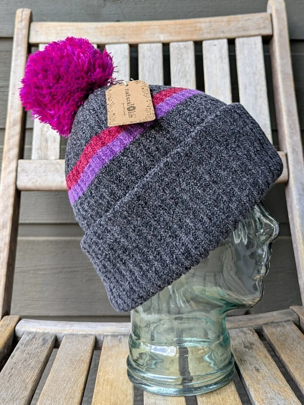 NWT Natural Life 2-in-1 Scarf Beanie Charcoal Gray Magenta Violet Chenille Knit